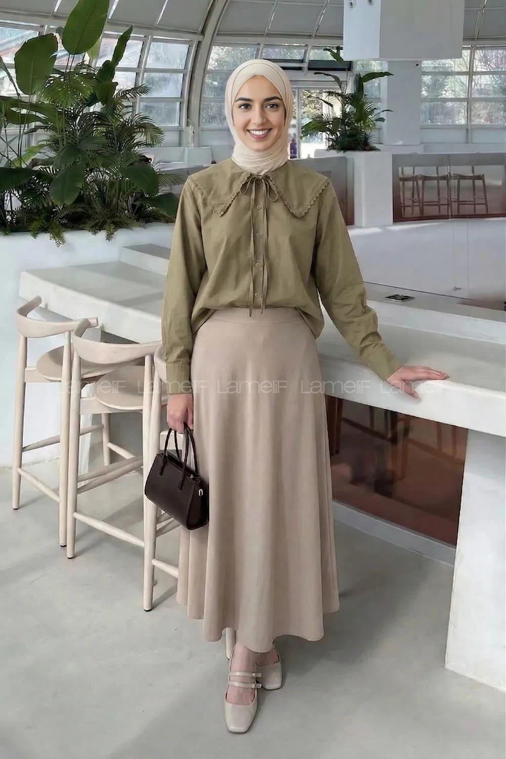 Lamelif Çiçek Detaylı Bebe Yaka Gömlek Asker Yeşili