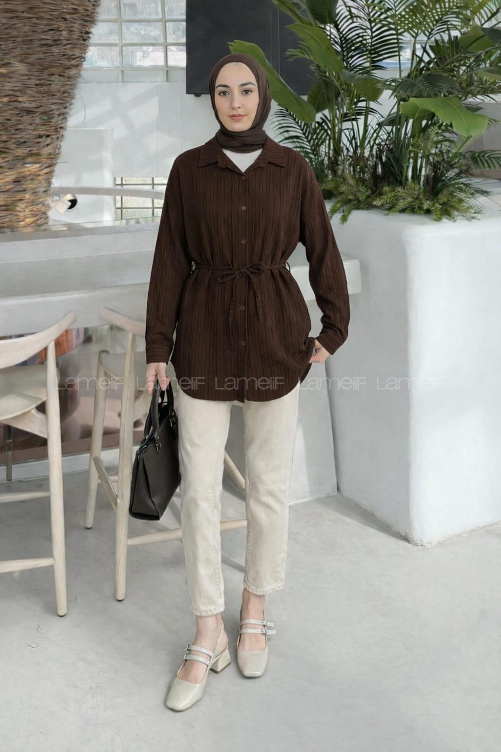 Bitter Brown Shirt Collar Long Arm Viscose Fabric Unprinted Shirt