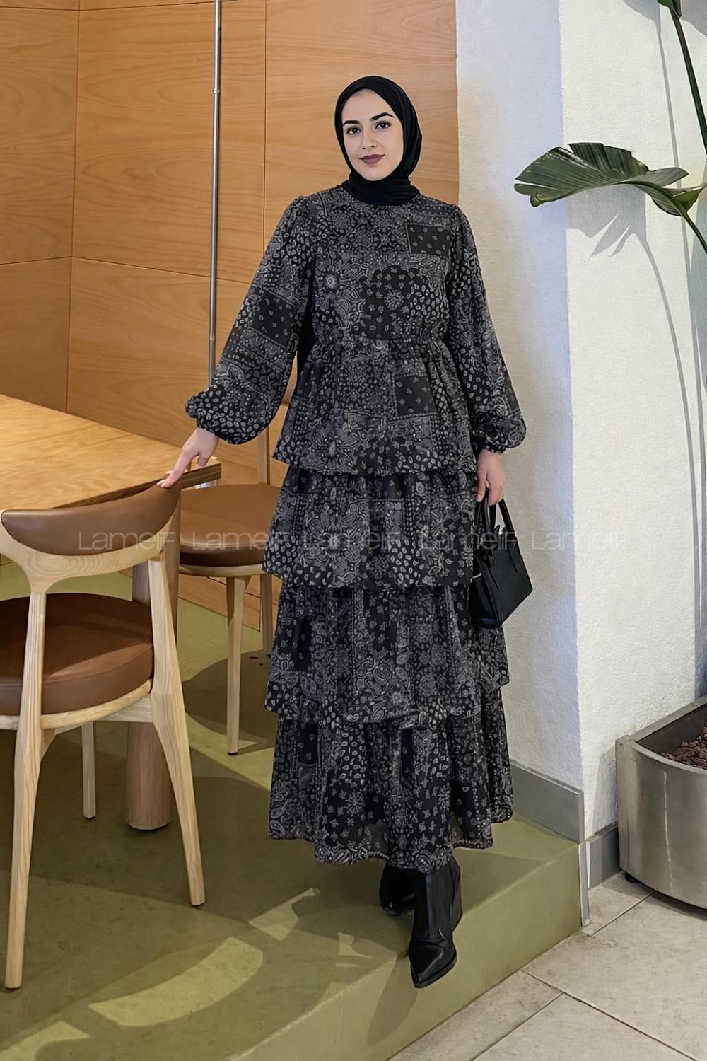 Black Crew Neck Crepe Fabric Printed Dresess