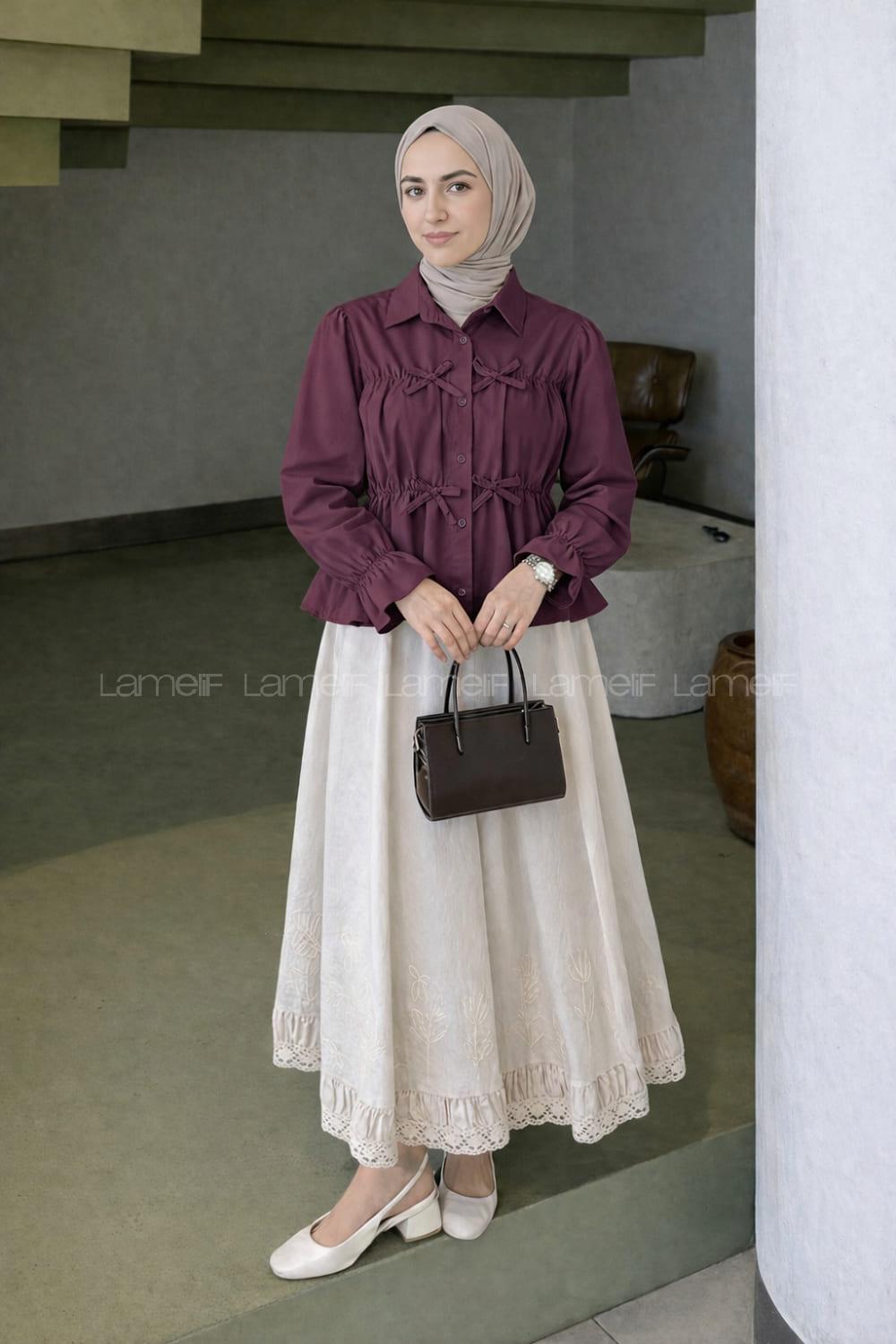 Lamelif Fiyonk Detaylı Büzgülü Gömlek Mürdüm