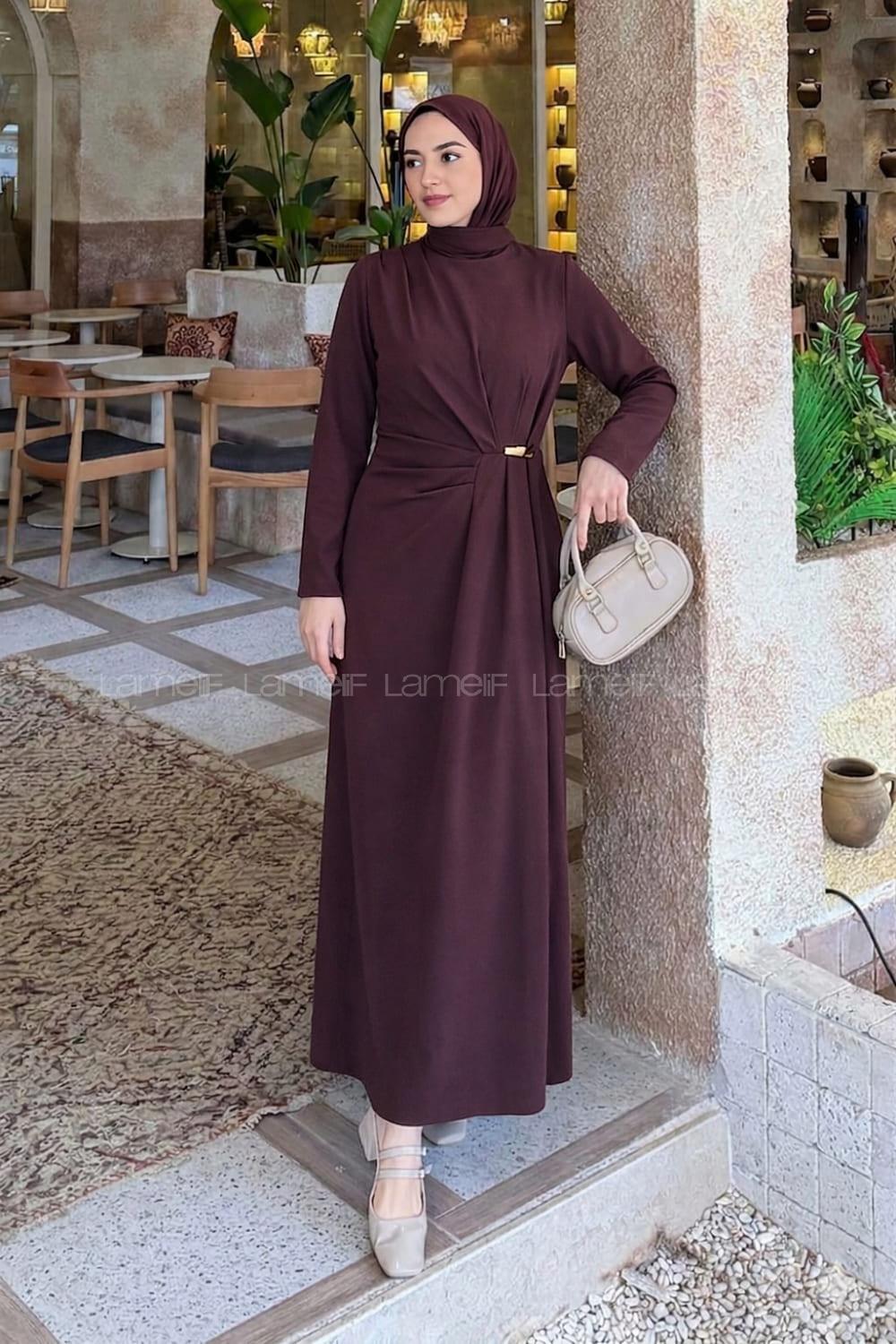 Lamelif Gold Toka Detaylı Drapeli Elbise Mürdüm