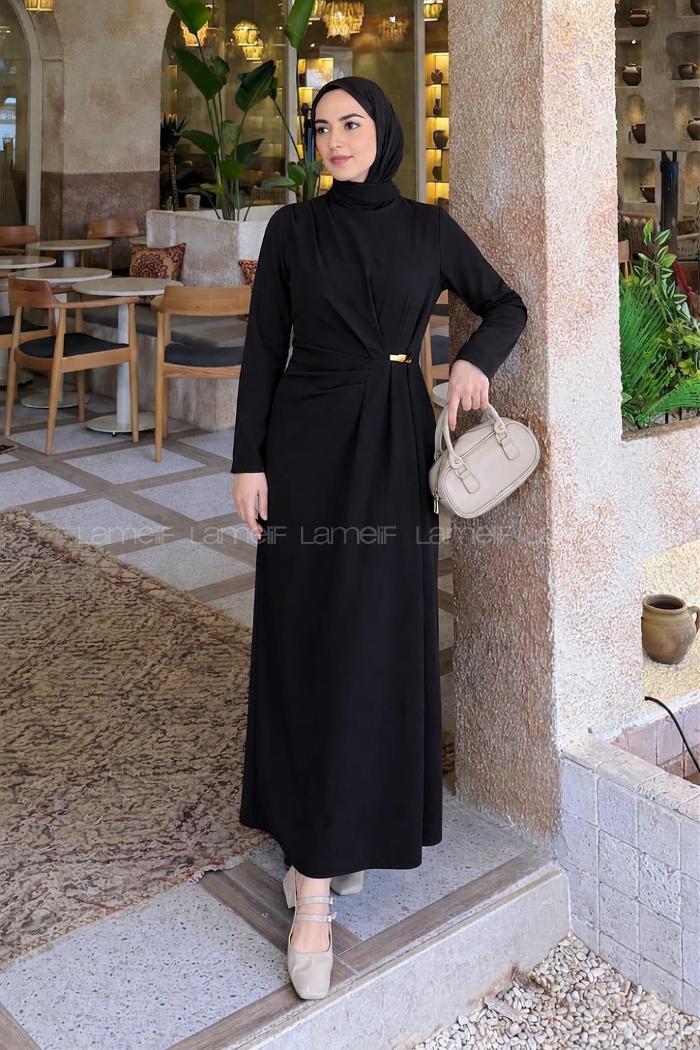 Lamelif Gold Toka Detaylı Drapeli Elbise Siyah