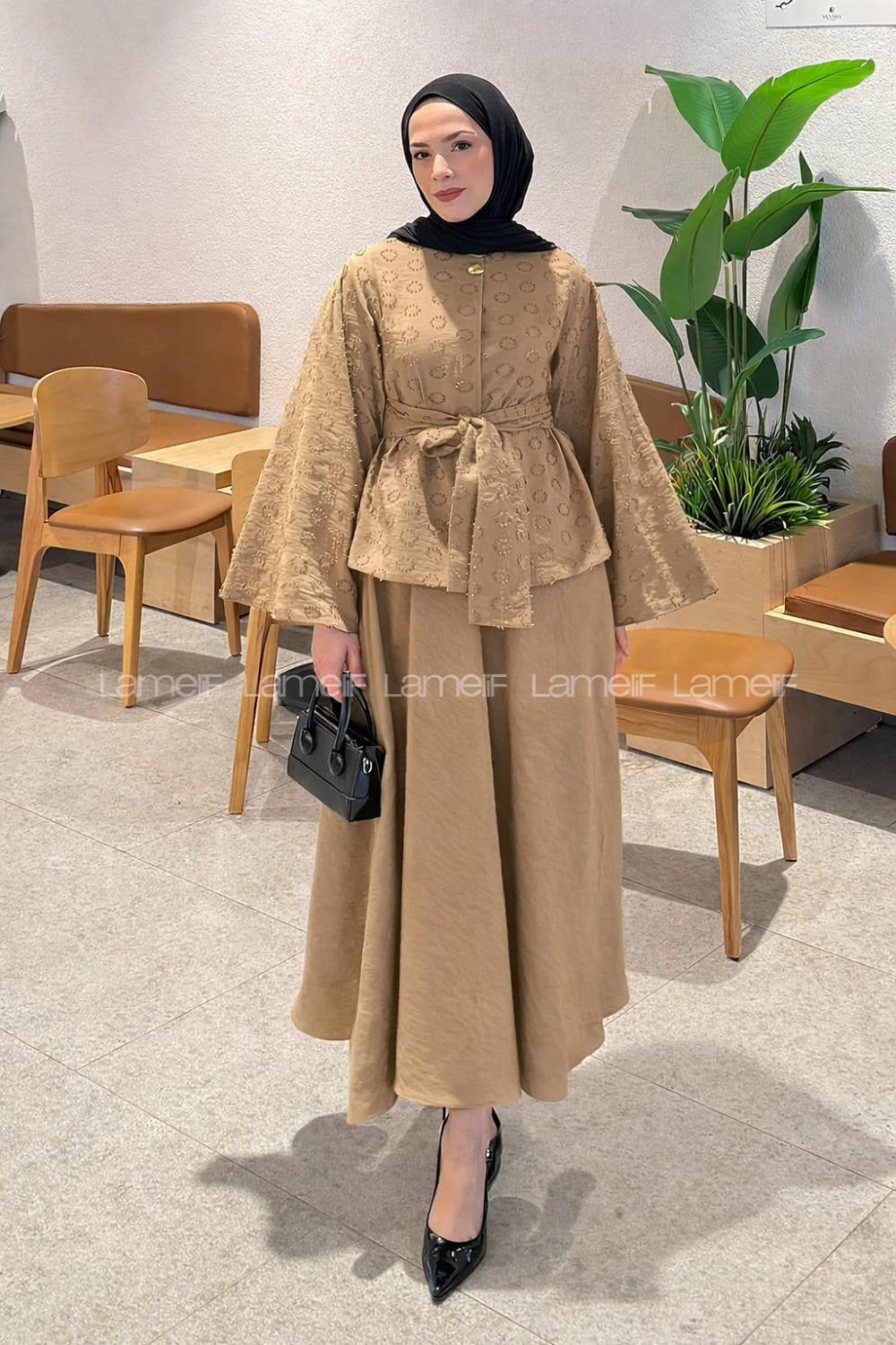 Lamelif Kabartma Nakış İşlemeli Takım Sütlü Kahve