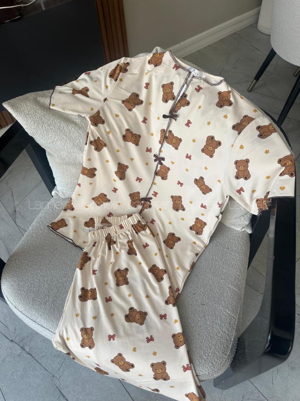 Lamelif Kadın Ayıcık Desenli Fiyonk Özel Dikiş Pijama Takımı