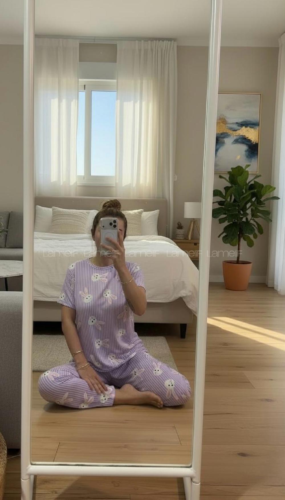 Lamelif Kadın Milan Kumaş  Tavşan   Desenli Pijama Takımı