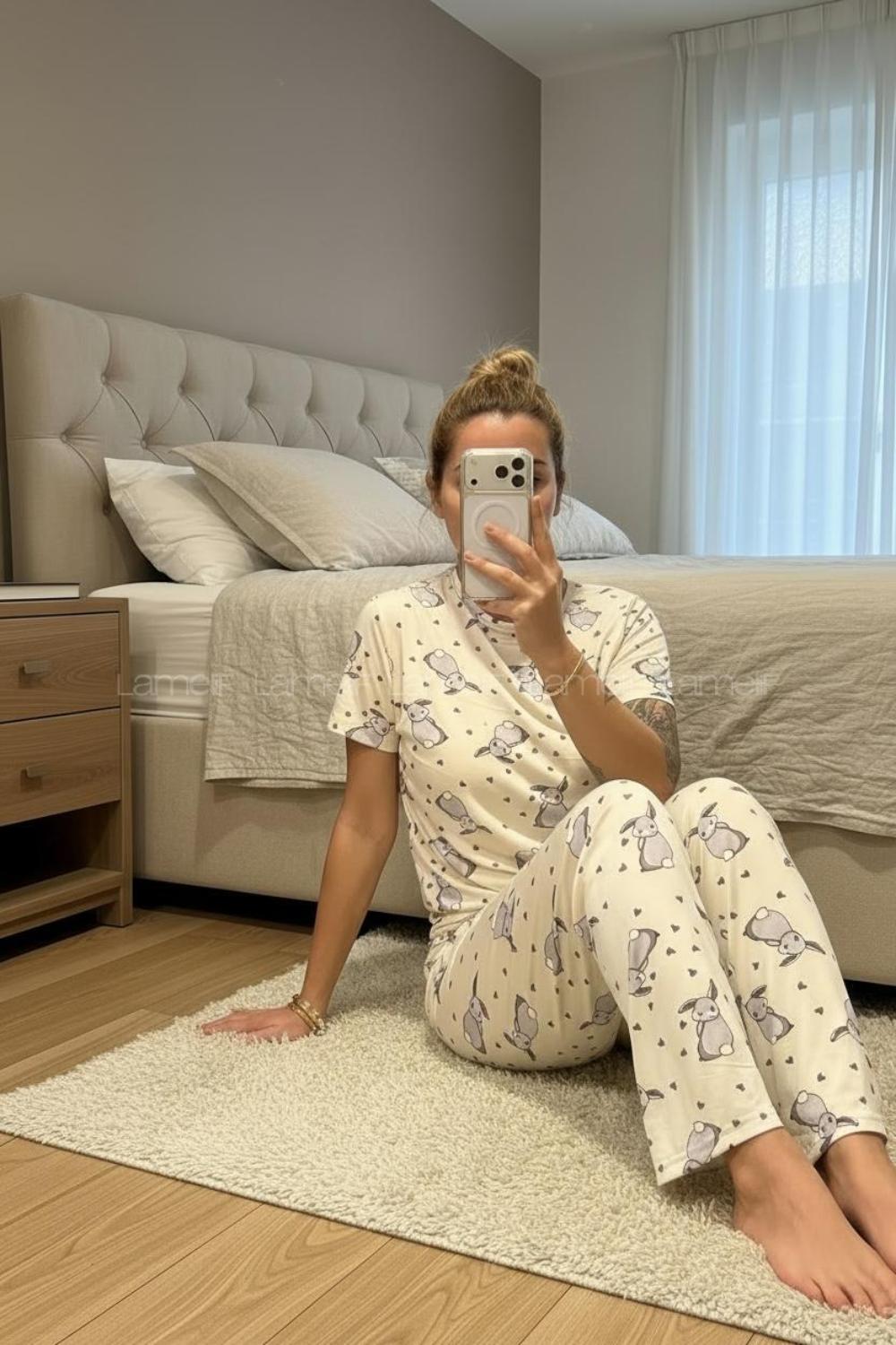 Lamelif Kadın Milan Kumaş  Tavşan   Desenli Pijama Takımı