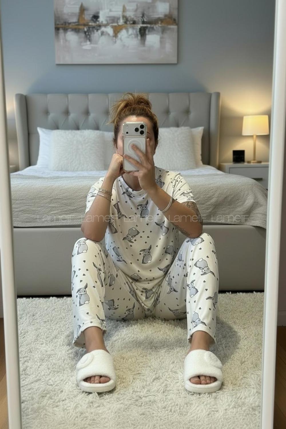 Lamelif Kadın Milan Kumaş  Tavşan   Desenli Pijama Takımı