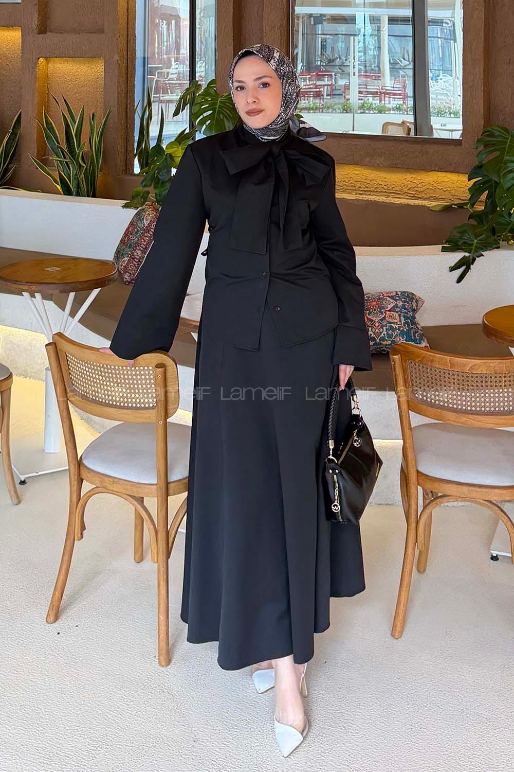 Lamelif Kravat Yaka Tesettür Takım Siyah