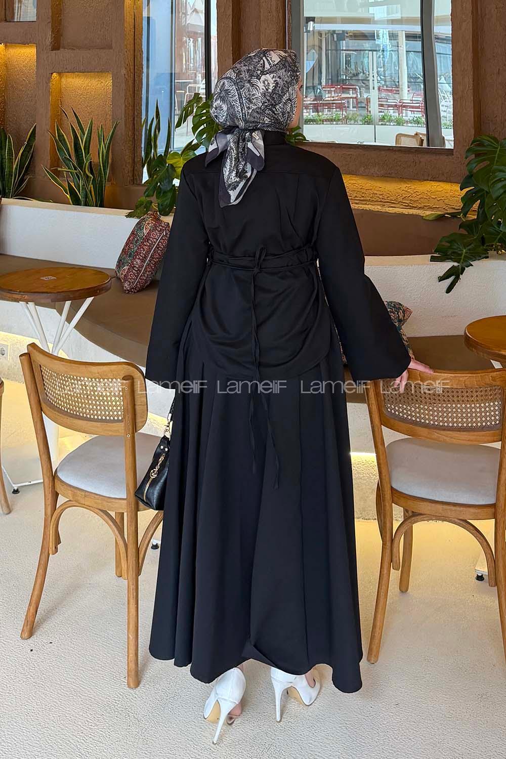 Lamelif Kravat Yaka Tesettür Takım Siyah