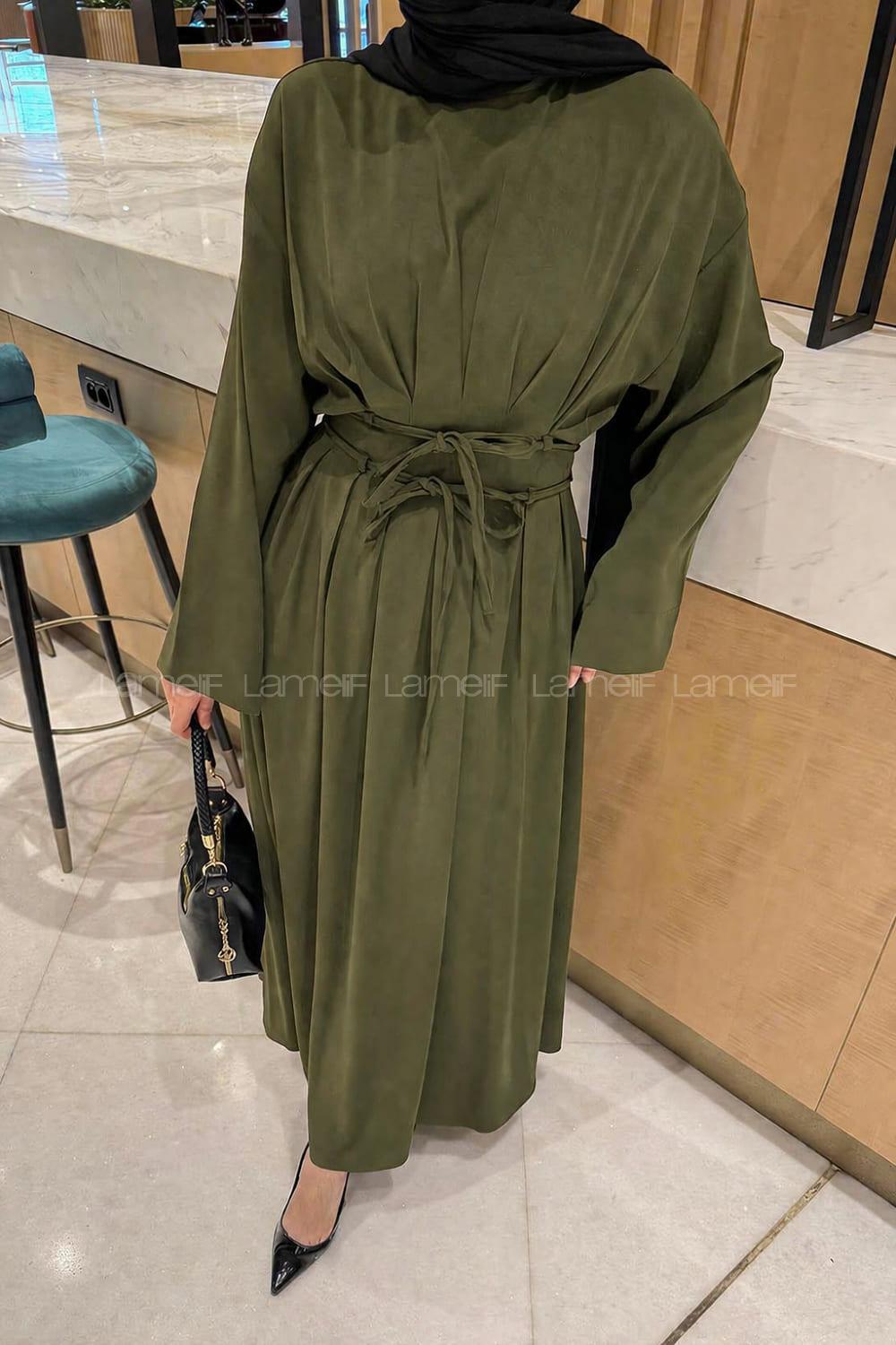 Lamelif Nora Bağcıklı Tesettür Elbise Haki