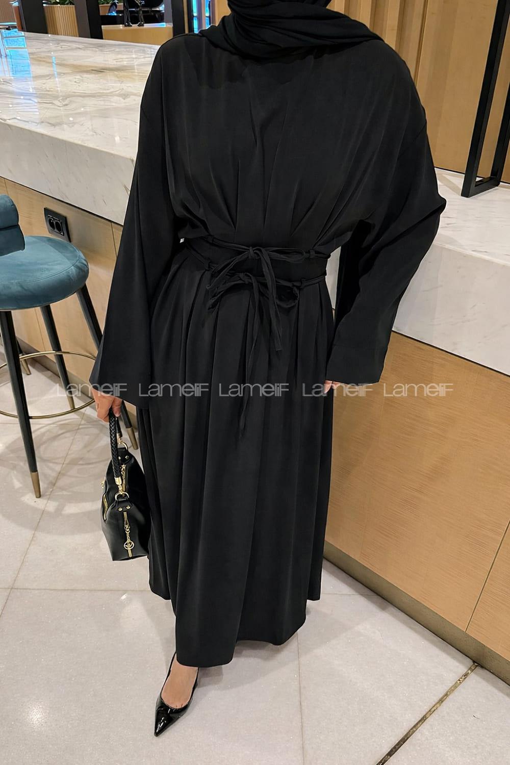 Lamelif Nora Bağcıklı Tesettür Elbise Siyah