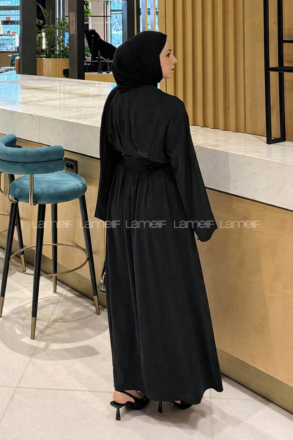 Lamelif Nora Bağcıklı Tesettür Elbise Siyah