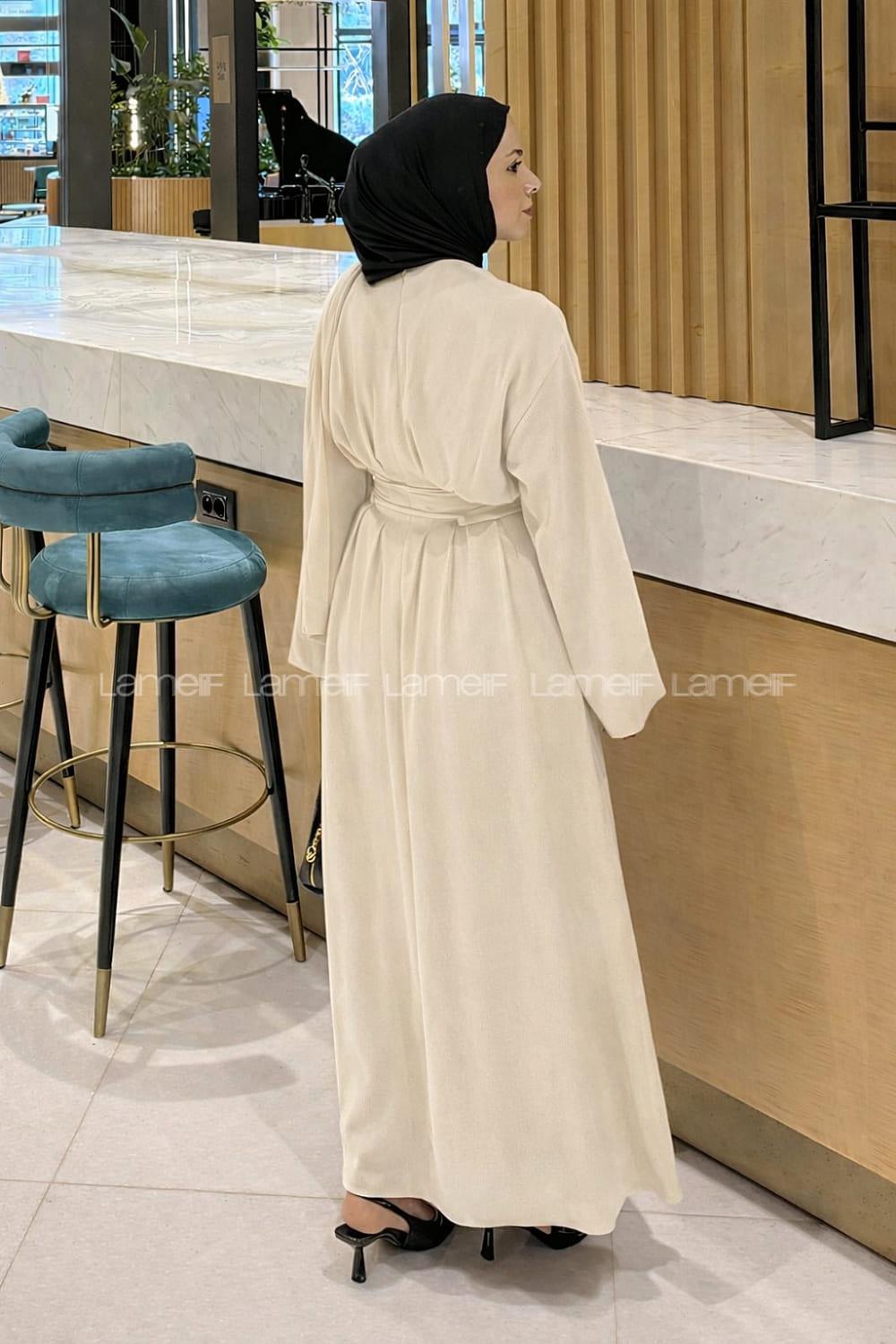 Lamelif Nora Bağcıklı Tesettür Elbise Taş Rengi