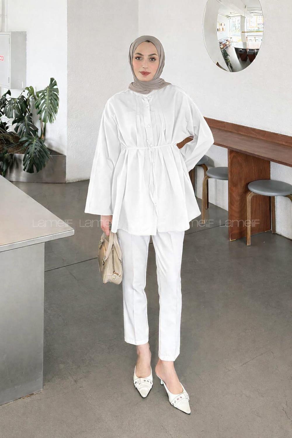 Lamelif Piliseli Geniş Kol Gömlek Beyaz