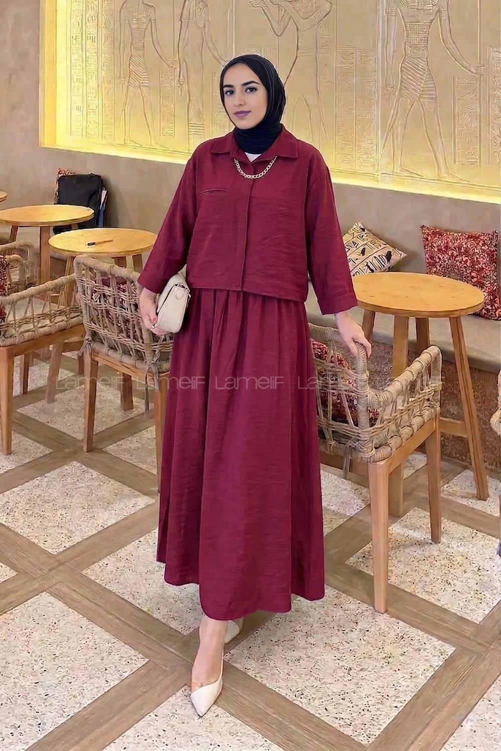 Lamelif Zincir Detaylı Etekli Takım Bordo