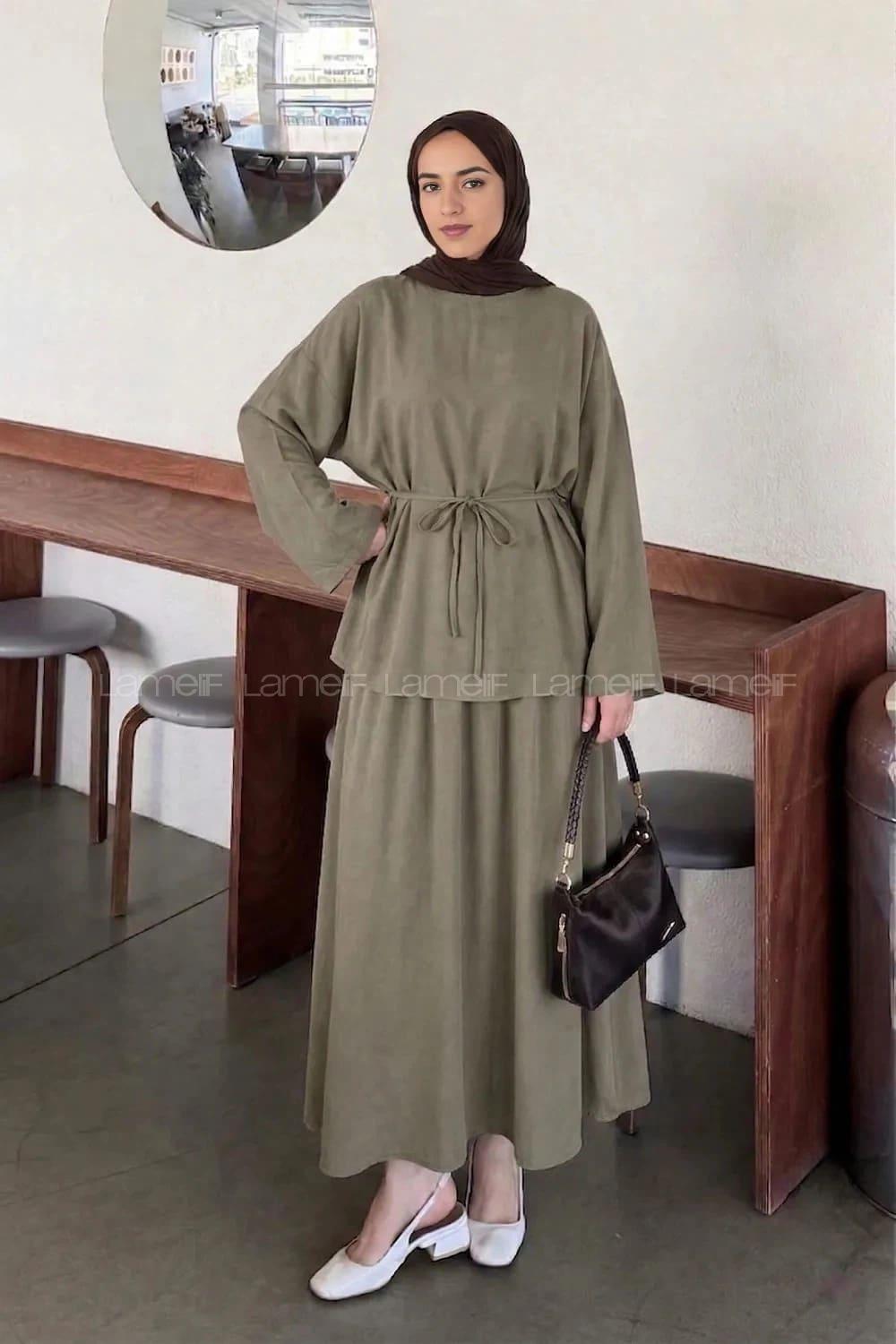 Lamelif Bağlama Detaylı Etekli Modal Takım Haki