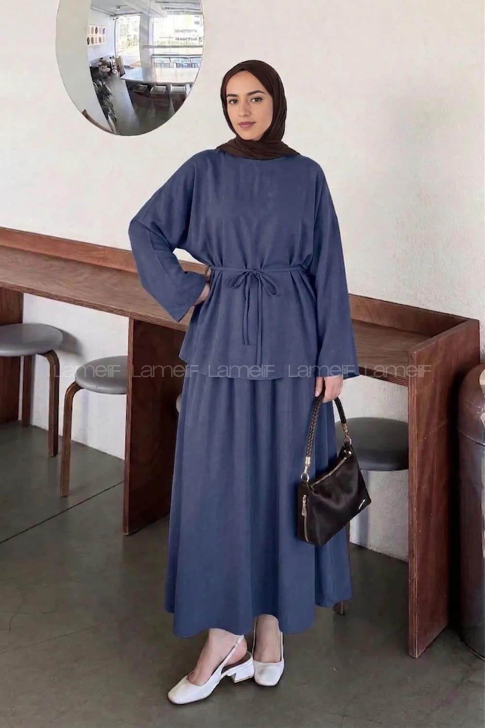 Lamelif Bağlama Detaylı Etekli Modal Takım Lacivert