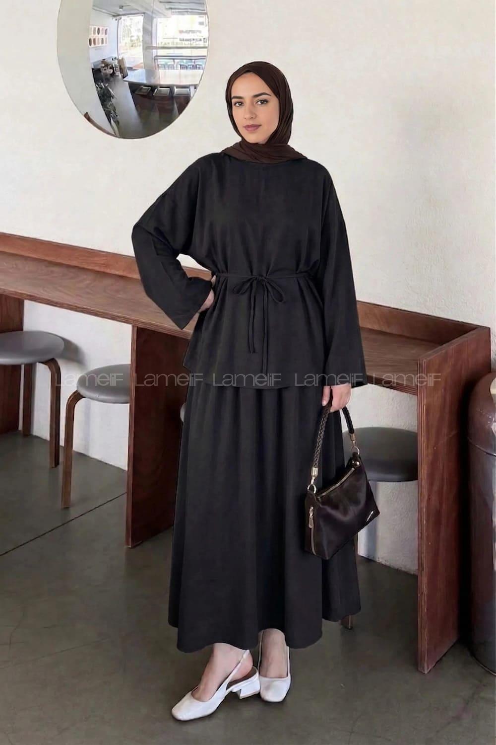 Lamelif Bağlama Detaylı Etekli Modal Takım Siyah