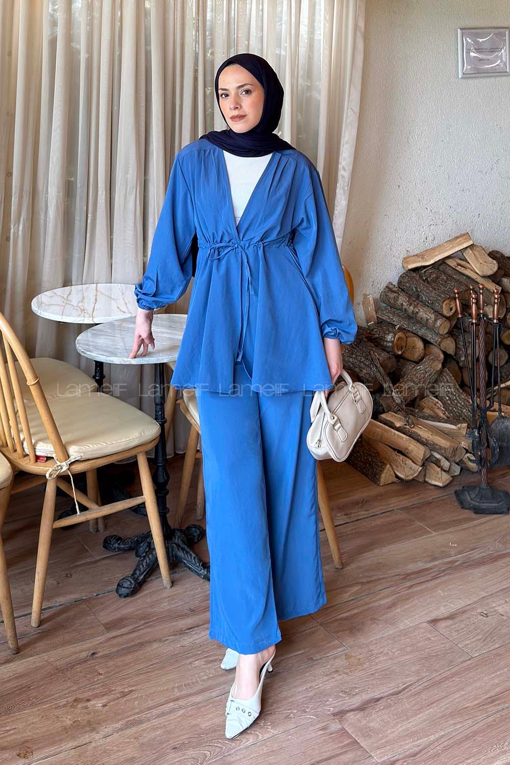 Lamelif Bağlama Detaylı Takım Saks Mavisi