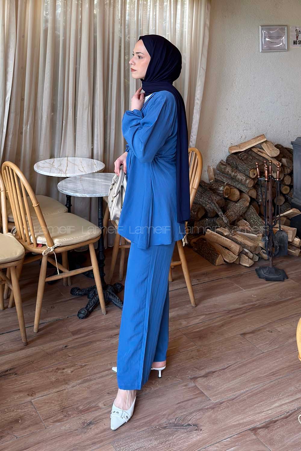 Lamelif Bağlama Detaylı Takım Saks Mavisi