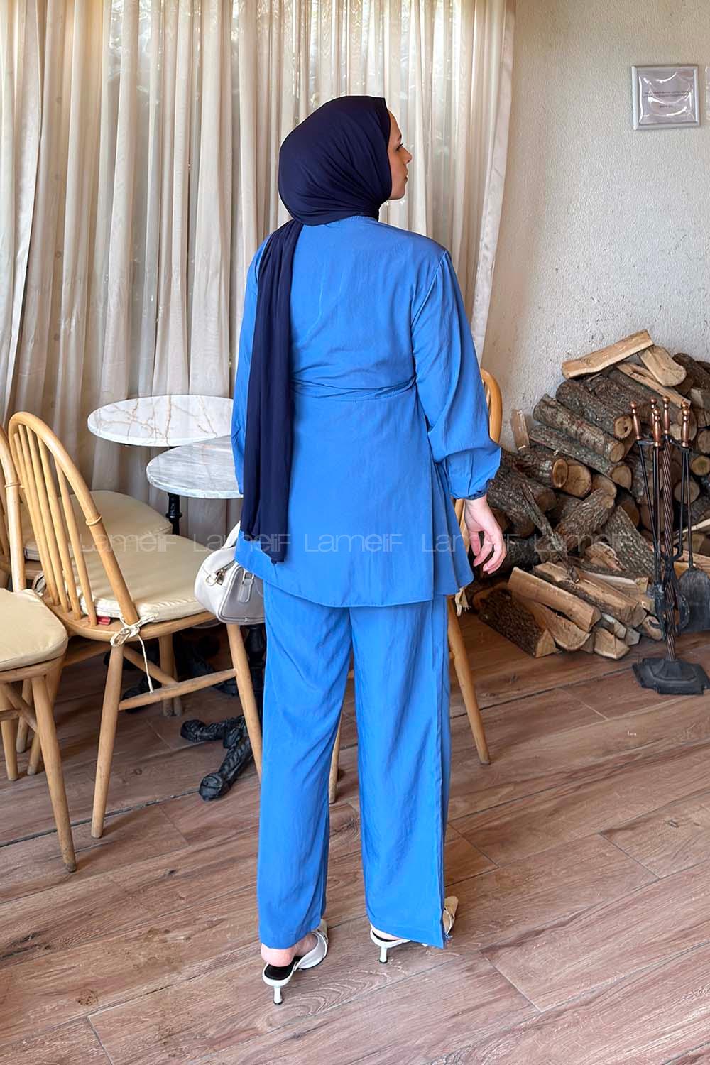 Lamelif Bağlama Detaylı Takım Saks Mavisi