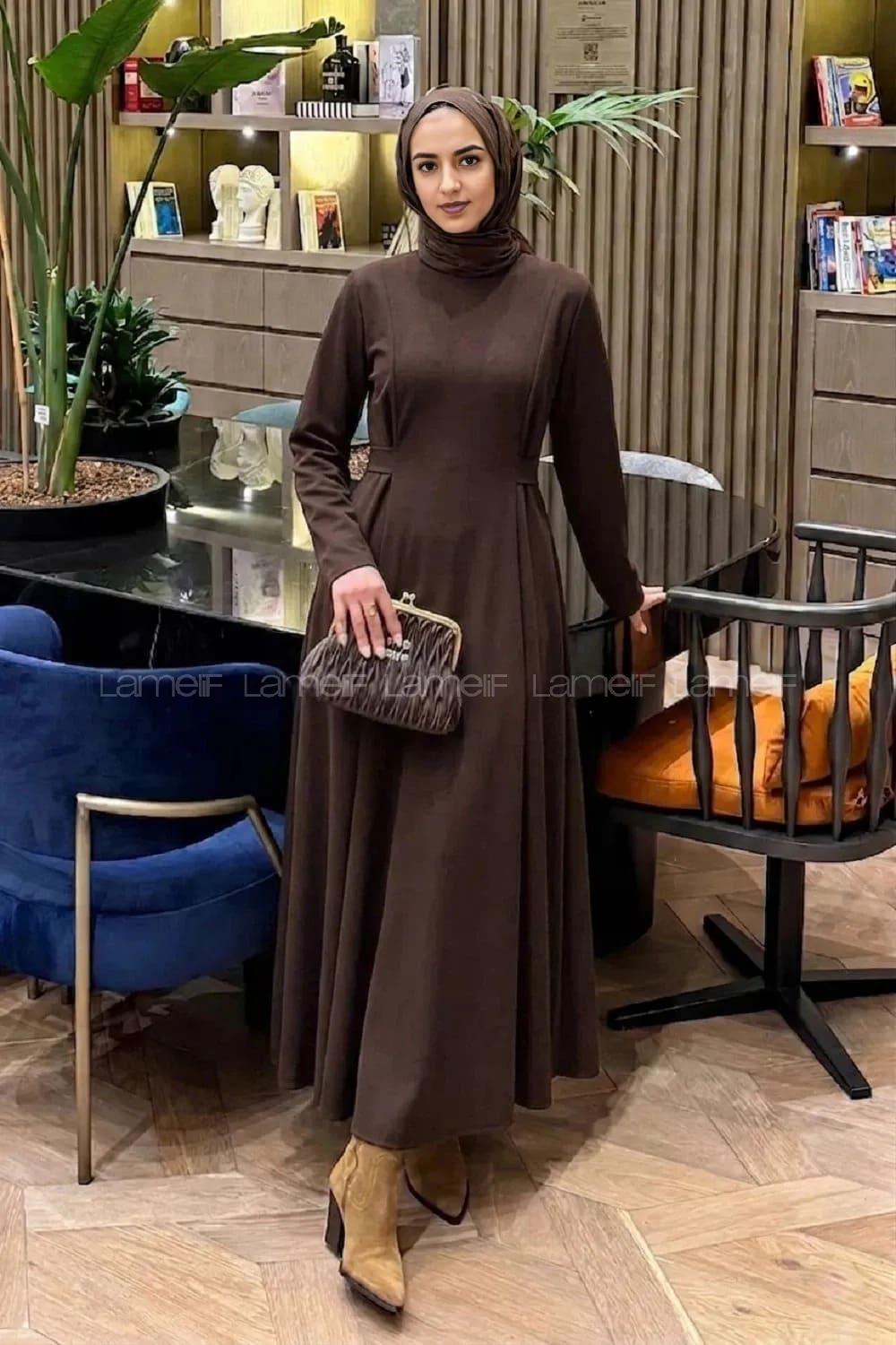 Lamelif Bel Kemer Detaylı Tesettür Elbise Acı Kahve