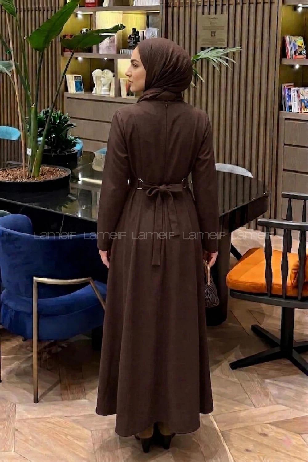 Lamelif Bel Kemer Detaylı Tesettür Elbise Acı Kahve