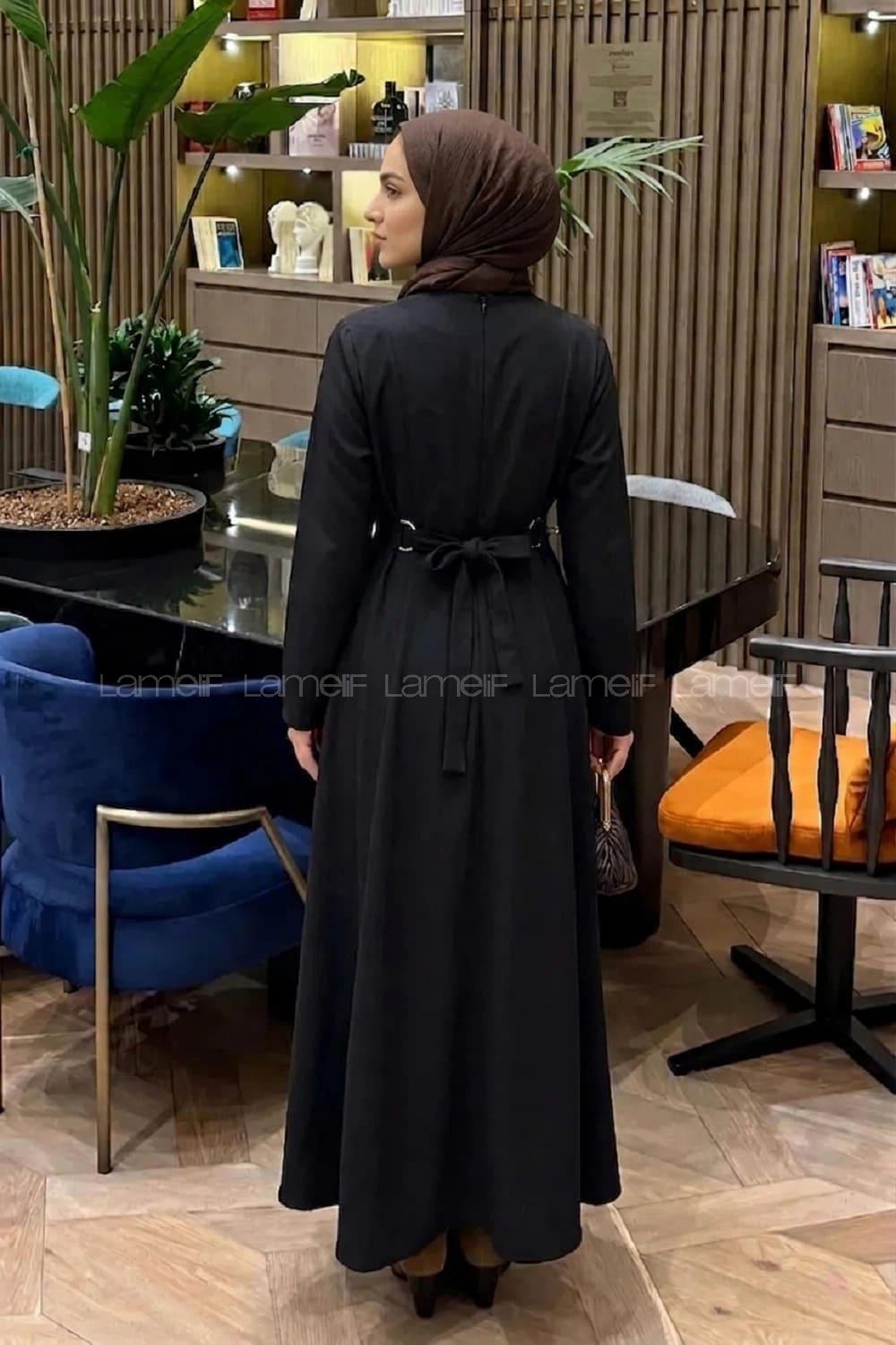 Lamelif Bel Kemer Detaylı Tesettür Elbise Siyah