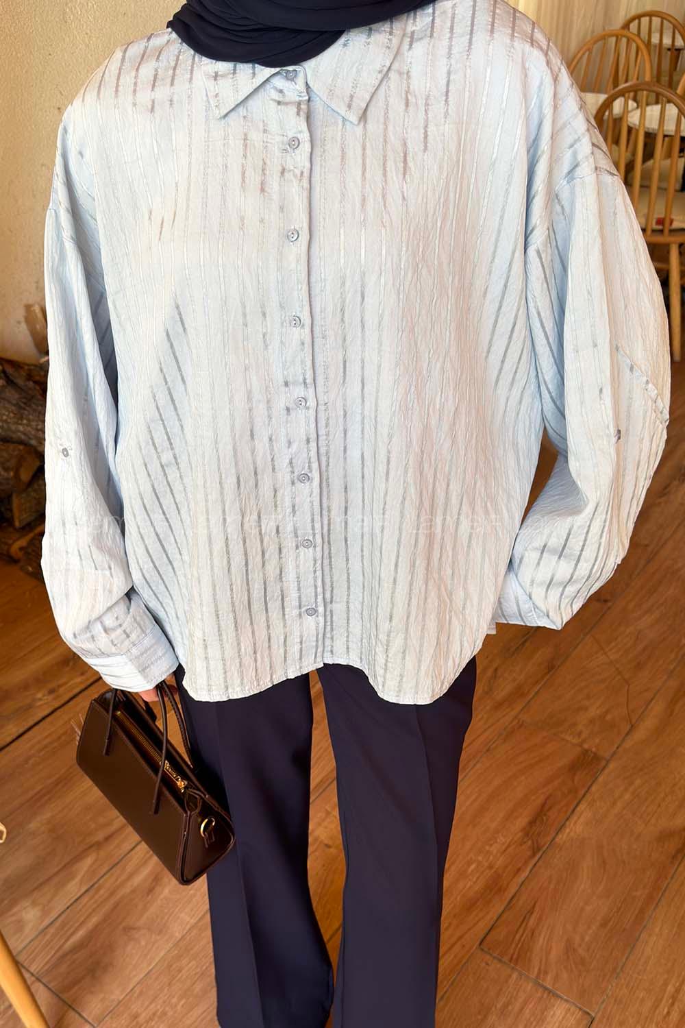 Lamelif Çizgili Modal Gömlek Bebe Mavisi