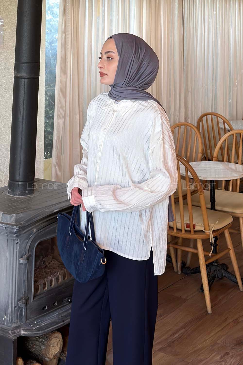 Lamelif Çizgili Modal Gömlek Beyaz