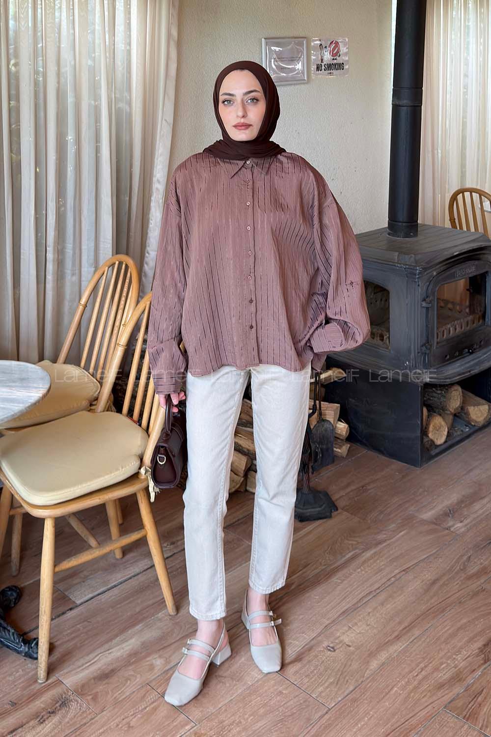 Brown Shirt Collar Long Arm Viscose Fabric Shirt