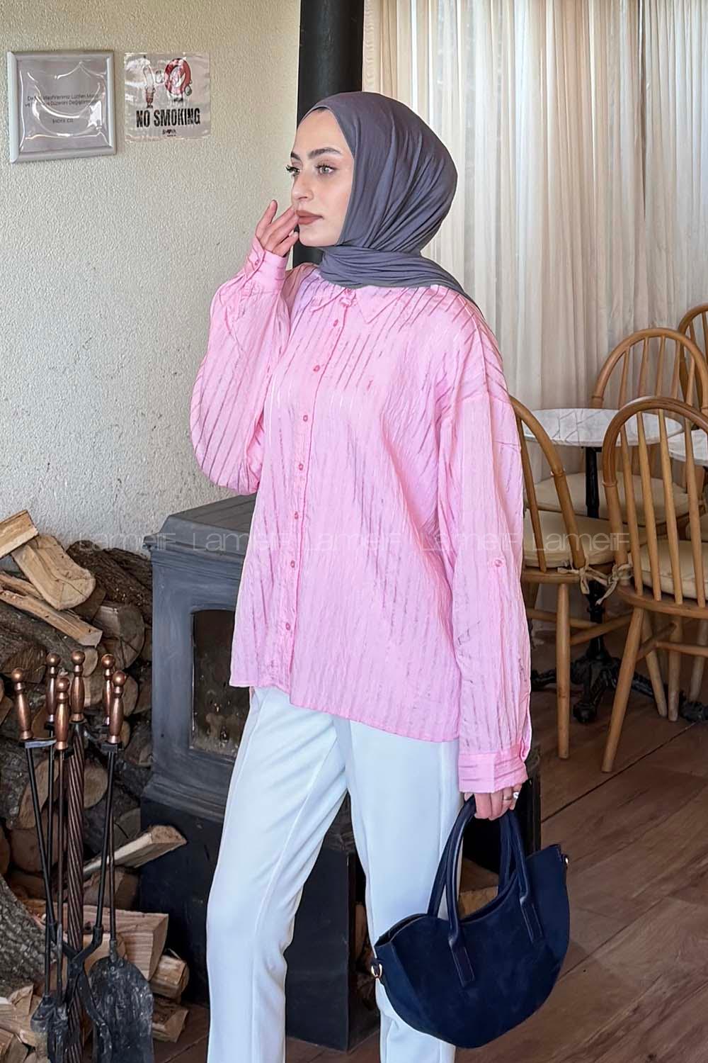 Lamelif Çizgili Modal Gömlek Pembe