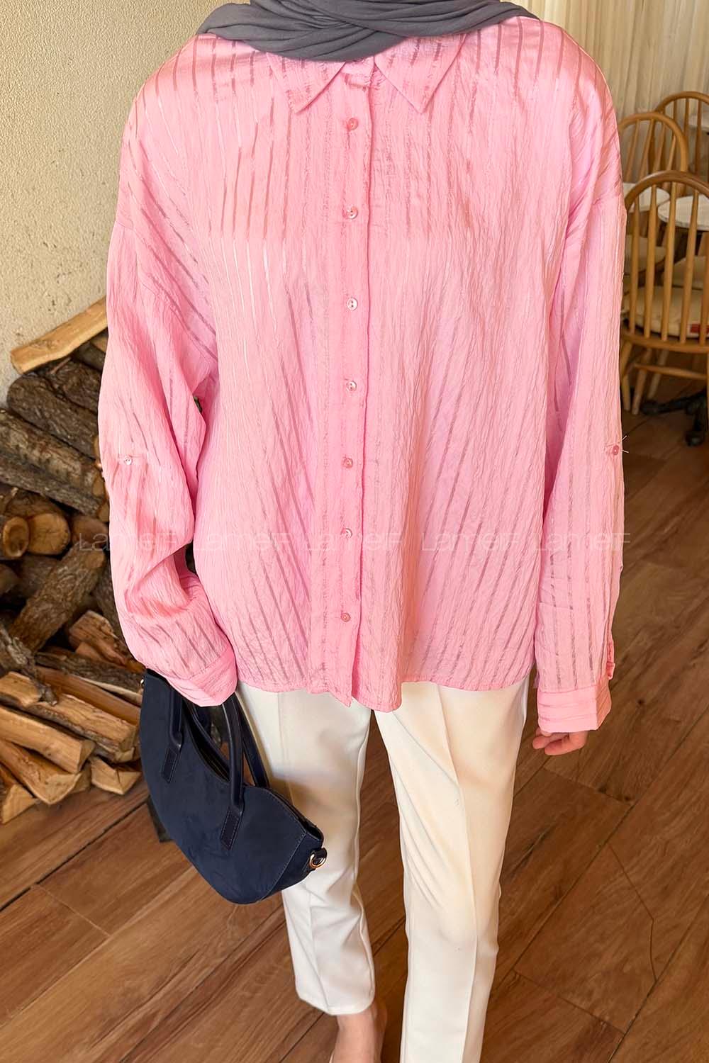 Lamelif Çizgili Modal Gömlek Pembe