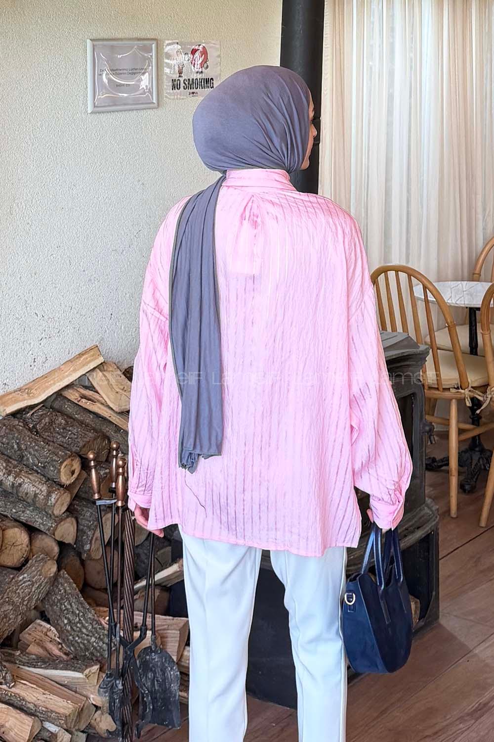 Lamelif Çizgili Modal Gömlek Pembe