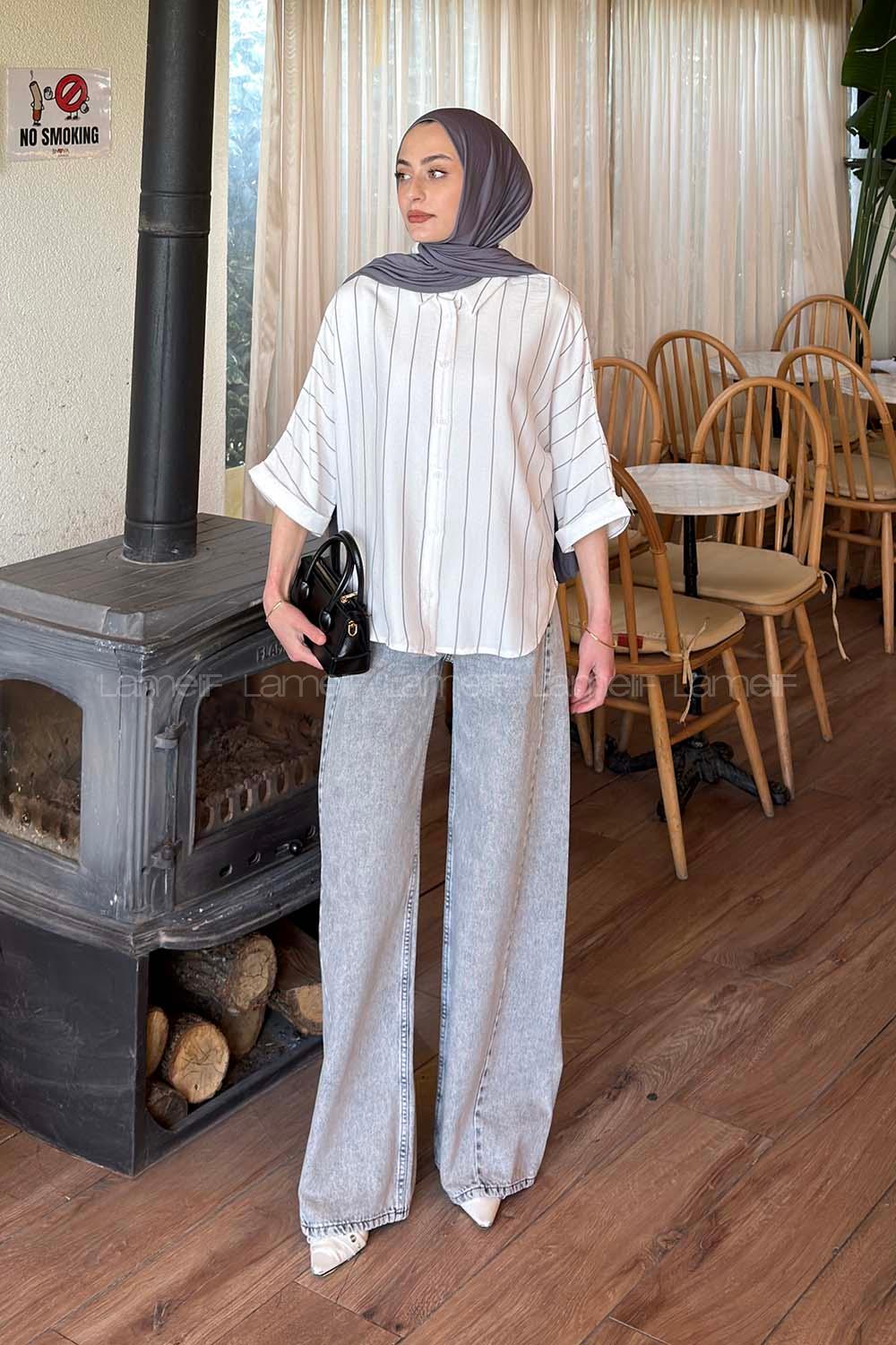 Lamelif Çizgili Yarasa Kol Gömlek Antrasit