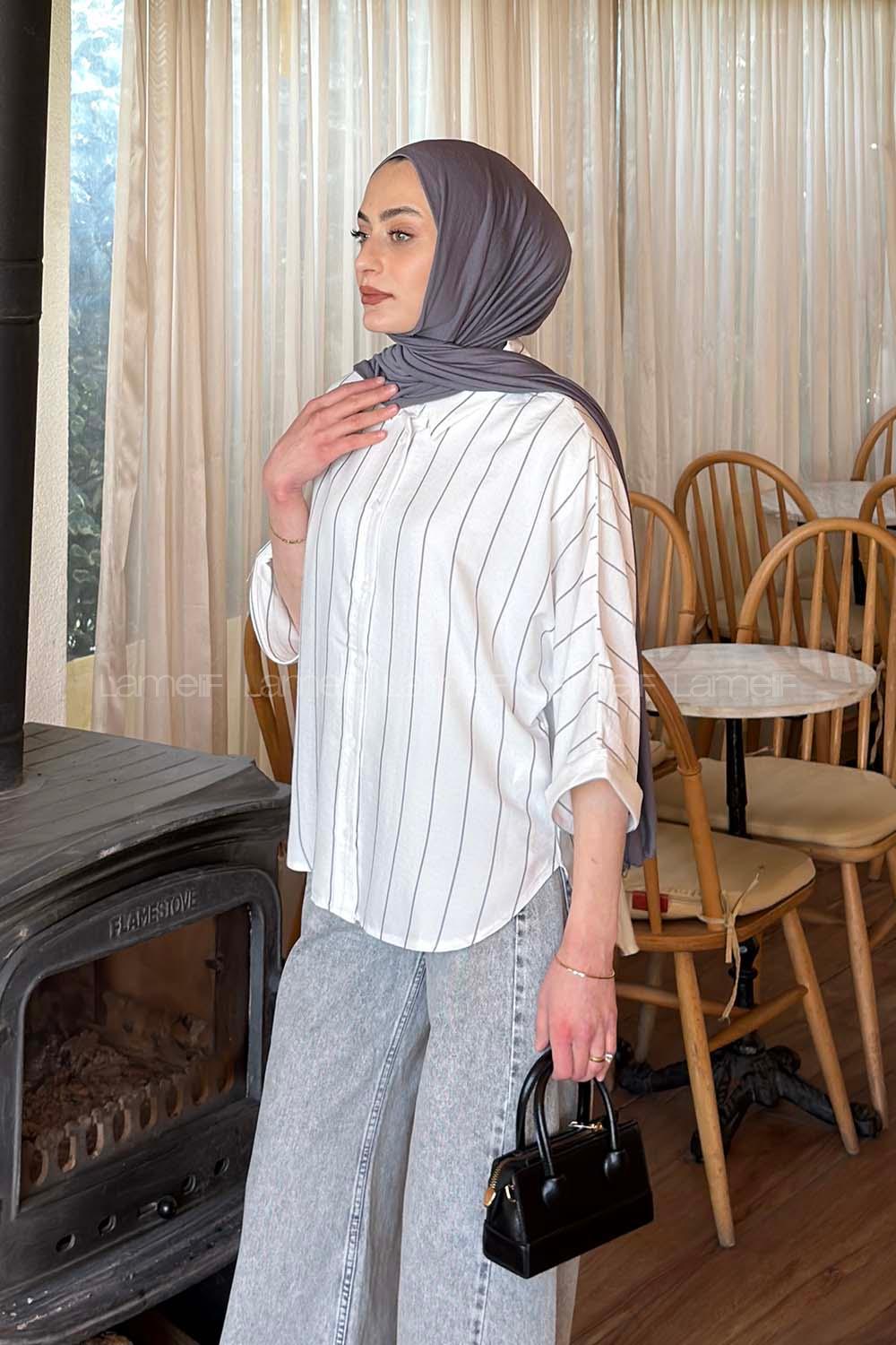 Lamelif Çizgili Yarasa Kol Gömlek Antrasit