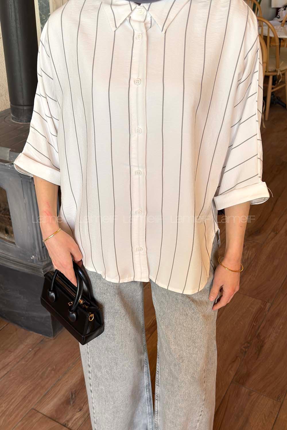 Lamelif Çizgili Yarasa Kol Gömlek Antrasit