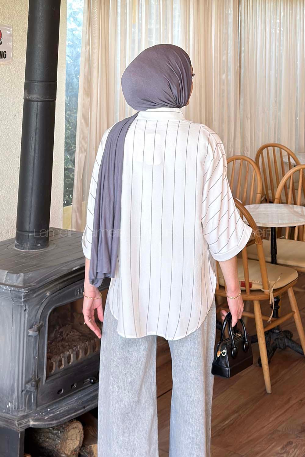 Lamelif Çizgili Yarasa Kol Gömlek Antrasit