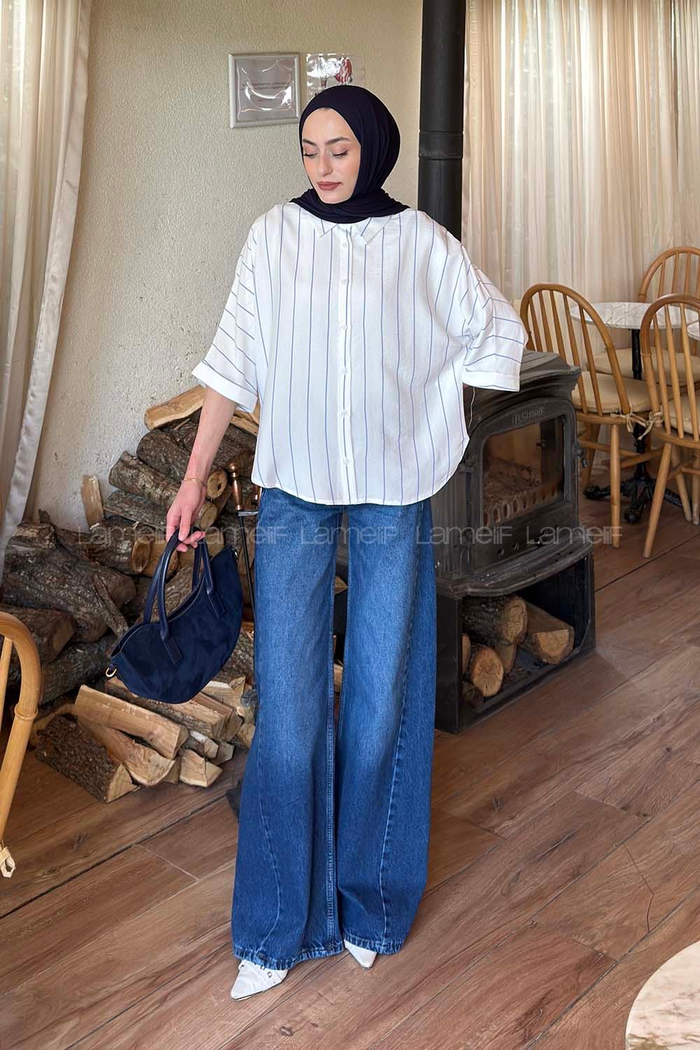 Lamelif Çizgili Yarasa Kol Gömlek Mavi