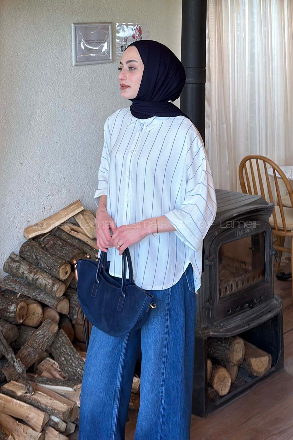 Lamelif Çizgili Yarasa Kol Gömlek Mavi