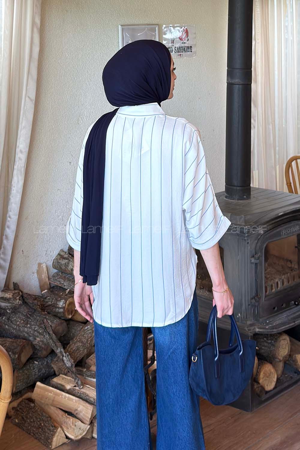 Lamelif Çizgili Yarasa Kol Gömlek Mavi