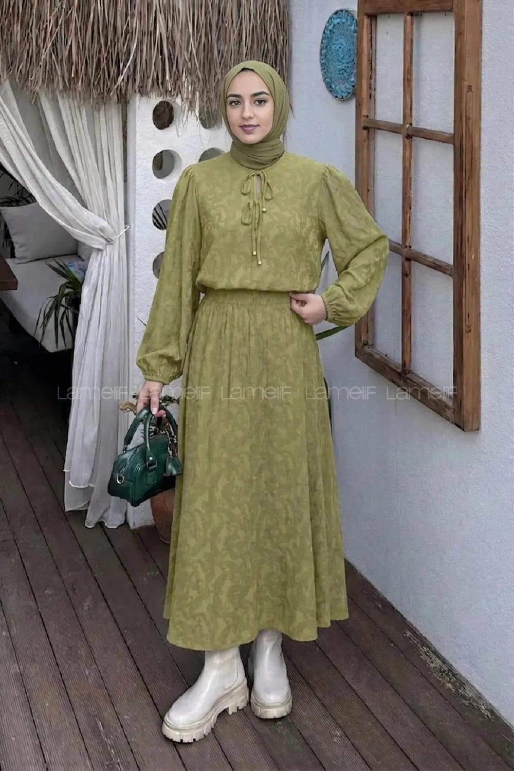 Lamelif Desenli Bağlama Detaylı Etekli Takım Haki