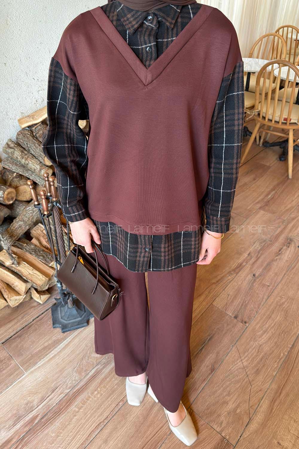 Bitter Brown Shirt Collar Long Arm Cotton Regular Trousers Comfortable Suit