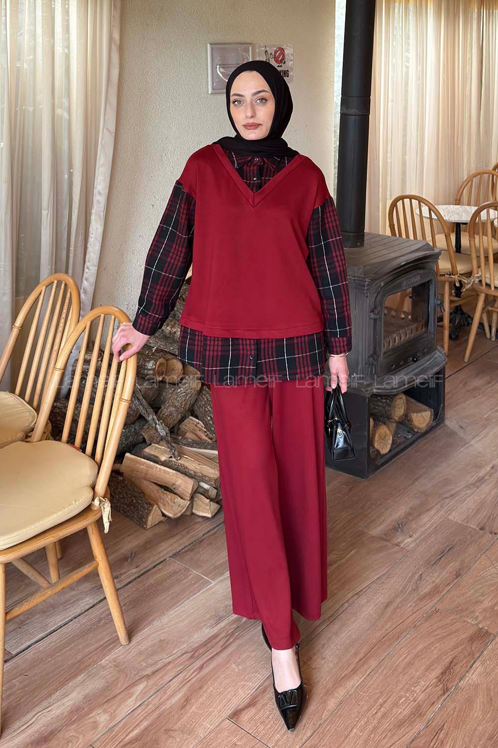 Claret Red Shirt Collar Long Arm Cotton Regular Trousers Comfortable Suit