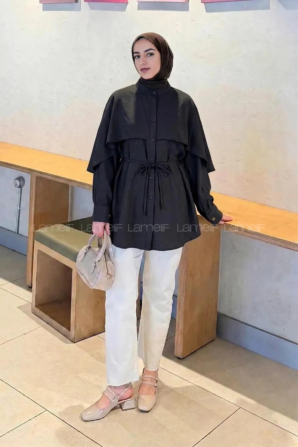Lamelif Hakim Yaka Pelerinli Gömlek Siyah