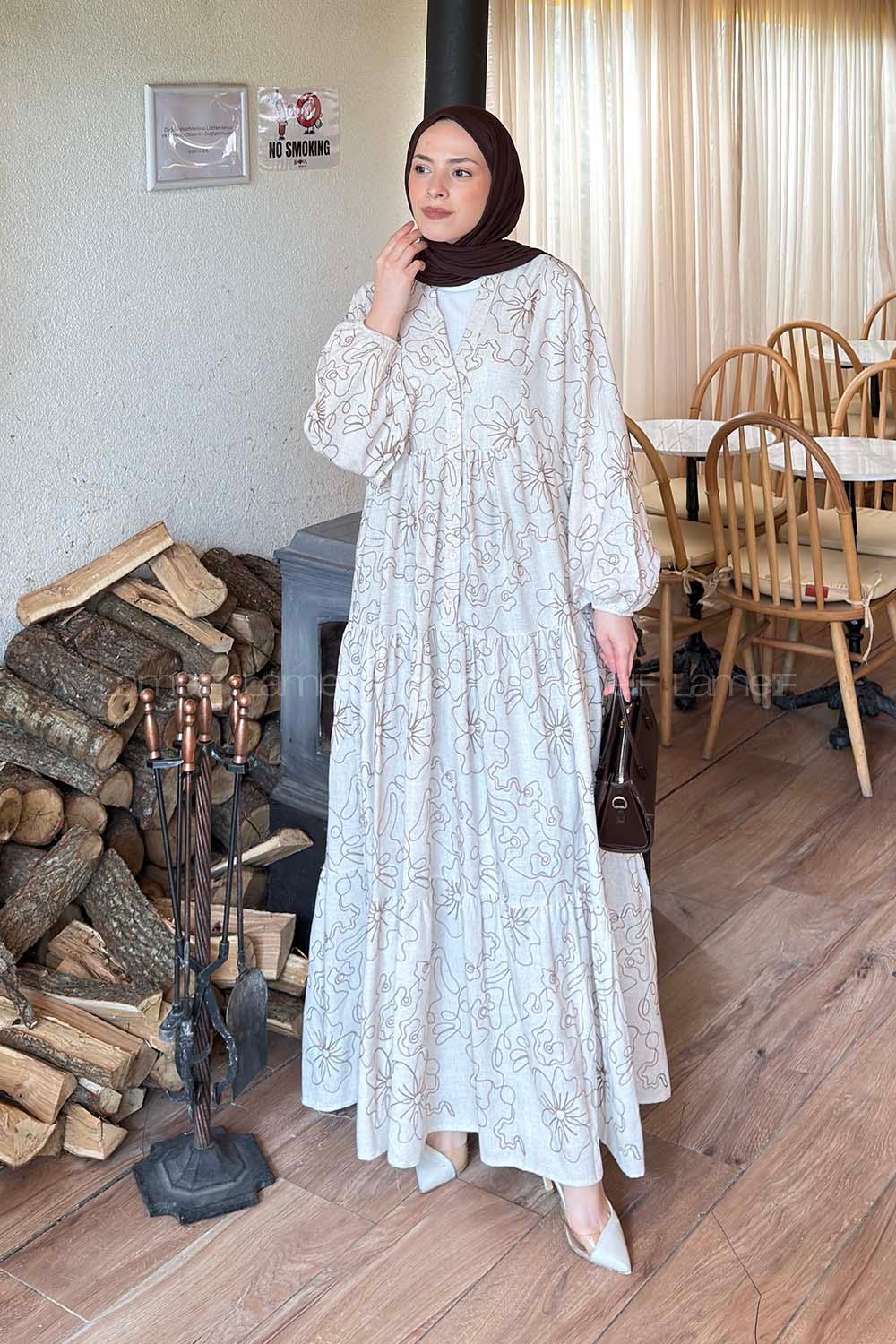 Lamelif Katleya Manşeti Lastikli Elbise Bej