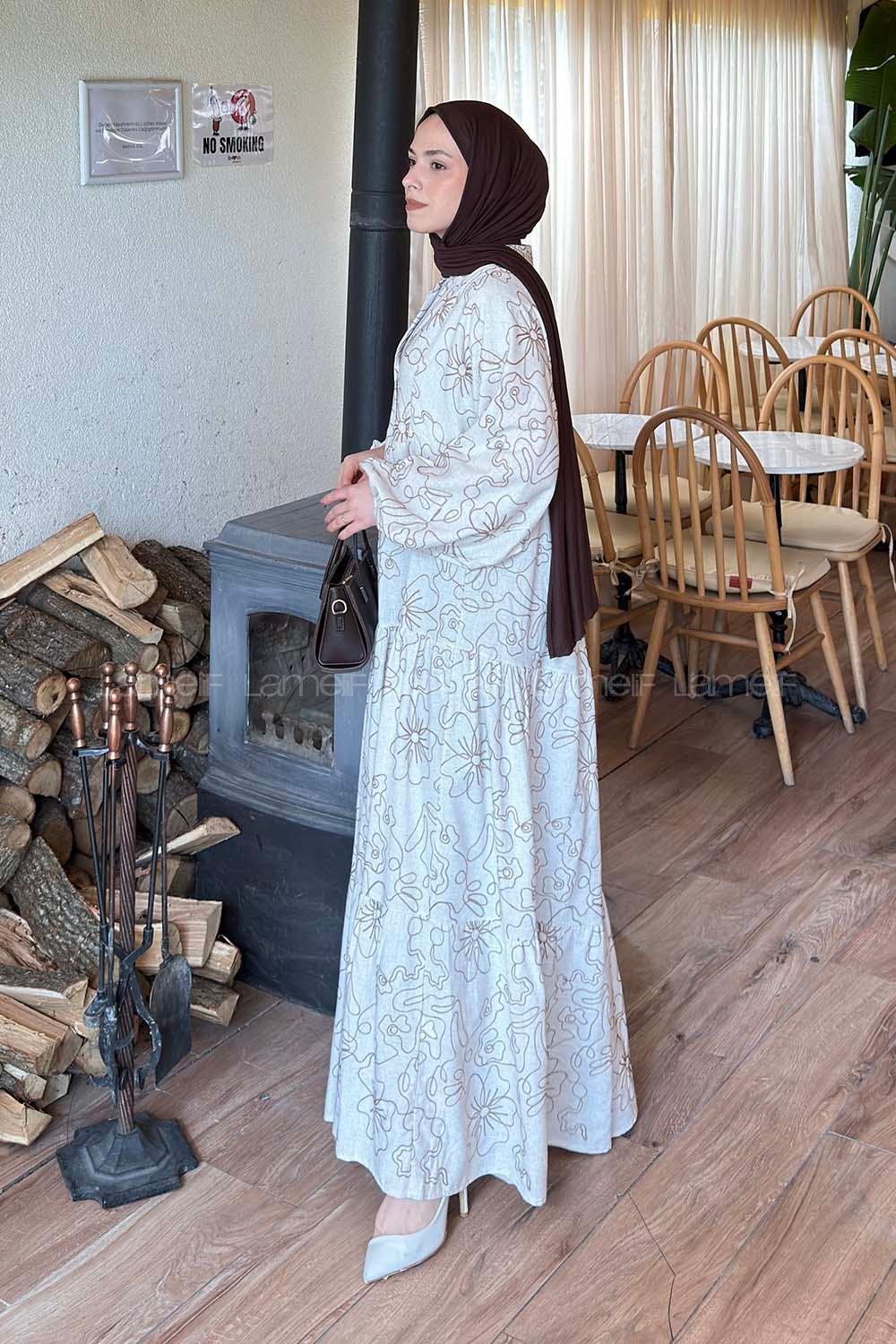 Lamelif Katleya Manşeti Lastikli Elbise Bej