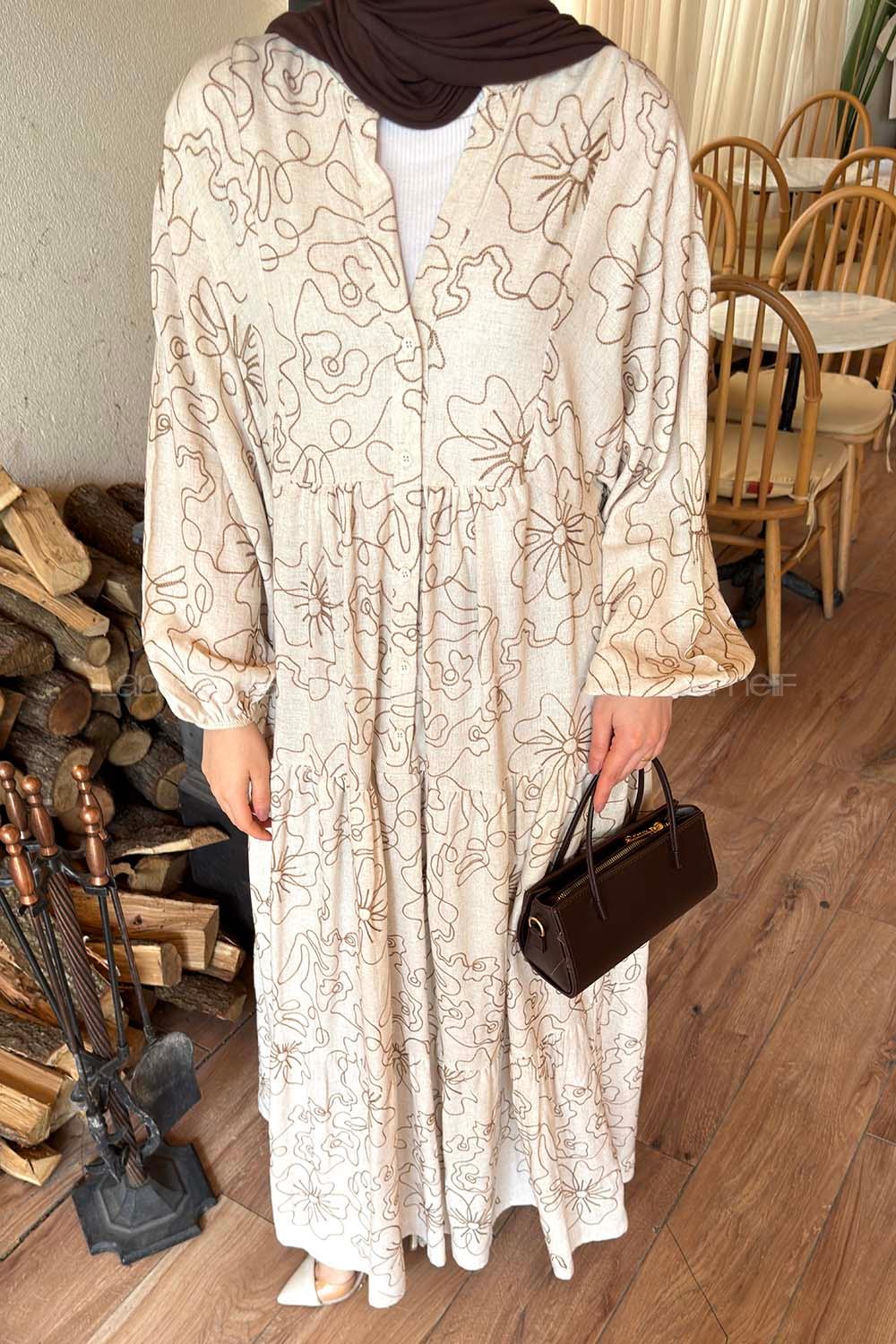 Lamelif Katleya Manşeti Lastikli Elbise Bej