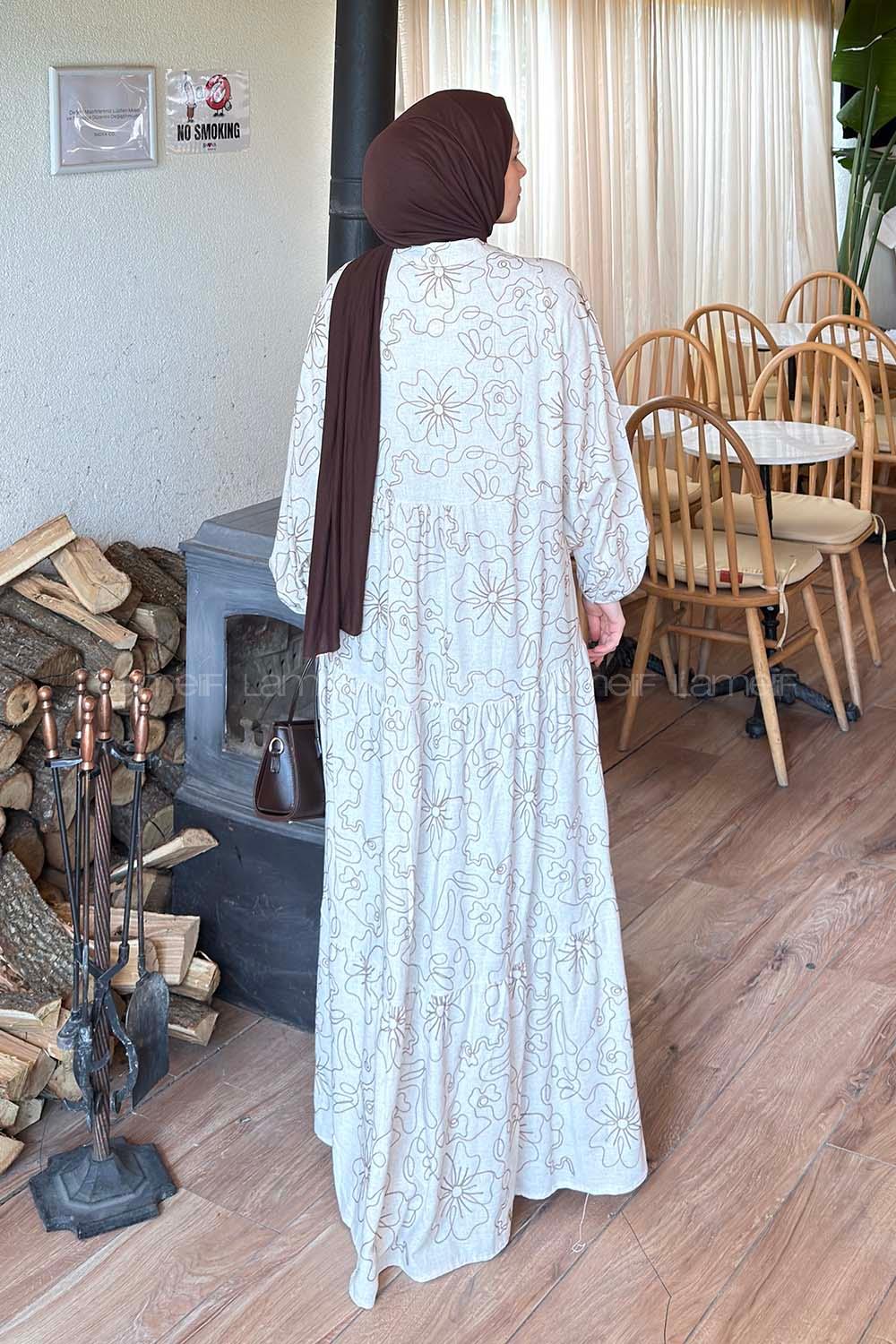 Lamelif Katleya Manşeti Lastikli Elbise Bej