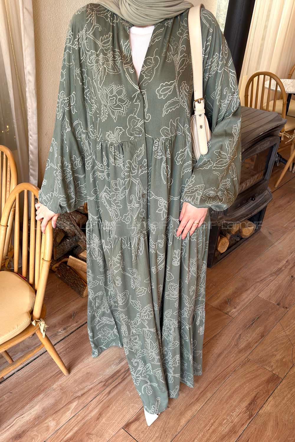 Lamelif Katleye Desenli Tesettür Elbise Haki